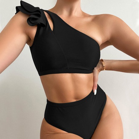 Sexy One Shoulder Bikini Women Solid High Waist Swimsuit Ruffle Swimwear Women Black Biquini Female Beachwear Bathing Suits