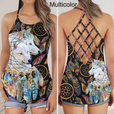 Women Fashion Couple Native White Wolf DreamCatcher Top Criss-Cross Tank Top