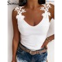 V-Neck Lace Vest Sleeveless Women Summer New Slim Casual Tees Solid Color Ladies Splice T-Shirt Tops