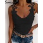 V-Neck Lace Vest Sleeveless Women Summer New Slim Casual Tees Solid Color Ladies Splice T-Shirt Tops
