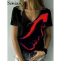 Women's Casual Tshirt Summer V Neck 3D Abstract Face Print Short Sleeve T-Shirt Vintage Oversized Casual Street Tee Tops Female