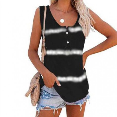 Women Tie-Dye Striped Printed Vest T-Shirts Casual Loose Oversize Tank Tops Ladies O-Neck Button Sleeveless T-Shirt