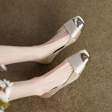 Women's shoes  new metal head square head color matching shallow mouth peas single shoes women's