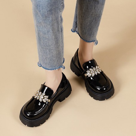 New Female Shoes Women Fashion Mary Janes Round Toe Flats Loafers Oxfords Platform Casual Rhinestones Ladies Heels Blac