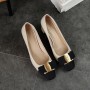 Stitching Female Shoes Classic Thick Heel Bow Metal Decoration Lady Pumps Simple Square Head Leather Women Single Shoes