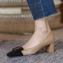 Stitching Female Shoes Classic Thick Heel Bow Metal Decoration Lady Pumps Simple Square Head Leather Women Single Shoes
