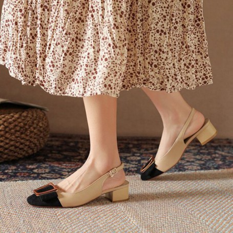 Stitching Female Shoes Classic Thick Heel Bow Metal Decoration Lady Pumps Simple Square Head Leather Women Single Shoes