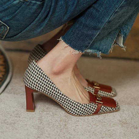 Retro Fashion Women's Shoes Thousand Bird Lattice Soft Leather Ladies Pumps Spring Square Toes Chunky Heels Female Shoes