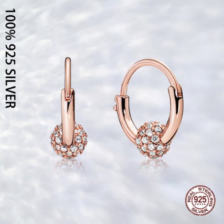 Real 925 Sterling Silver Pave Bead Hoop Earrings For Women Fashion Luxury Wedding Party Jewelry