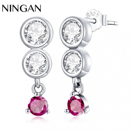 Women Simple Drop Earrings Red Silver Zircon Pendant Earring Sparkling Fashion Fine Jewelry Wedding Gift