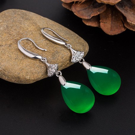 Natural Green Jade Chalcedony Water Drop Earrings 925 Silver Carved Charm Jadeite Jewelry Fashion Amulet for Women Gifts