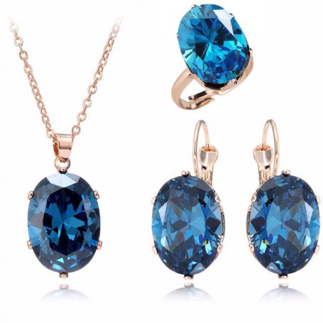 Wedding Rose Gold Color Jewelry Sets Big CZ Blue Stone Pendant Choker Necklace Earrings For Women Mother's Day Gift
