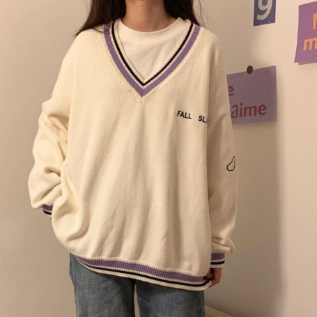 V-Neck Sweater Long Sleeve Pullover Oversized Loose Fit