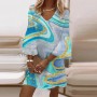 Summer Marble Print Dress Women Elegant V-Neck 3/4 Flare Sleeve Knee-Length Mini Dress Ladies A-Line Boho Beach Dresses