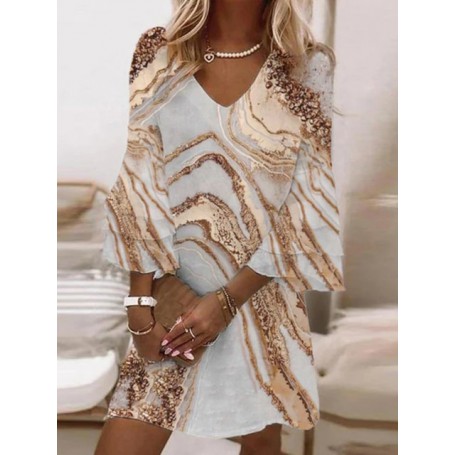 Summer Marble Print Dress Women Elegant V-Neck 3/4 Flare Sleeve Knee-Length Mini Dress Ladies A-Line Boho Beach Dresses