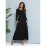 Black Tunic Long Sleeve Ruffle Casual Round Neck A Line Maxi Dress Suitable For Spring And Autumn