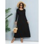 Black Tunic Long Sleeve Ruffle Casual Round Neck A Line Maxi Dress Suitable For Spring And Autumn