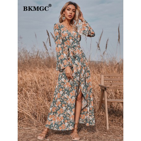 BKMGC Sexy Side Split Long Bell Sleeve V-neck Elegant Floral Flower Print Wrap-over Autumn Belt Waist Maxi Dress for Women 6322