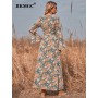 BKMGC Sexy Side Split Long Bell Sleeve V-neck Elegant Floral Flower Print Wrap-over Autumn Belt Waist Maxi Dress for Women 6322
