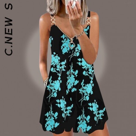 C.New S Women Dress New Backless V Neck Elegant Loose Sleeveless Sling Dress Streetwear Basic Popular Vestidos Dress Woman
