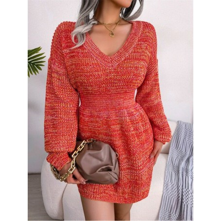 Woman's Autumn Winter High Waist Sweater Dress Solid Long Sleeve V Neck Ribbed Knitted Dress Slim Fit Bodycon Mini Dress