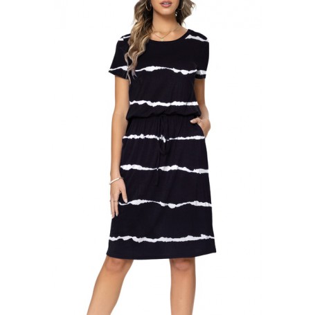 Womens Summer Black Flower Print Casual Hide Belly Drawstring Knee Length Dress