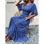 Blue Mint Green Loose Short Sleeve Middle Waist V-neck A-line Flower Print Elegant Women Long Summer Dress 2857