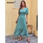 Blue Mint Green Loose Short Sleeve Middle Waist V-neck A-line Flower Print Elegant Women Long Summer Dress 2857