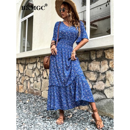 Blue Mint Green Loose Short Sleeve Middle Waist V-neck A-line Flower Print Elegant Women Long Summer Dress 2857