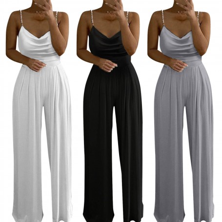 Female Spring Autumn Jumpsuit Rompers Women Long Pants Lady Loose Jumpsuits Sexy Soild Pearl Sling Top Wide Leg Pants Bodysuit