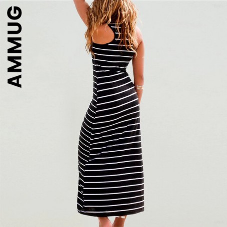 Ammug Spring Autumn Sleeveless Dress Women Lazy Holiday Dresses Maxi Dress Stripe Summer Beach Woman Clothes Vestidos Female