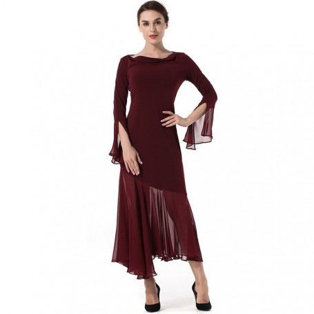 BKMGC Vintage Wine Red Sexy Chiffon Gauze Founce Sleeve Bateau Draped Neck Autumn High Waist Asymmetric Midi Dress For Women