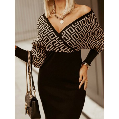 Fall V-Neck Geo Print Sleeve Skinny Wrap Midi Dress Bodycon
