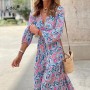 V-neck Pullover Spring Autumn Long Sleeve Print Empire Floor-length Dresses Office Lady Elegant Dignified Trend Women's Clothing