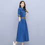 S-4XL Long Women Denim Dress  New French Style Summer Shirt Dresses Short Sleeve Single Breasted A-line Female Jean Dress