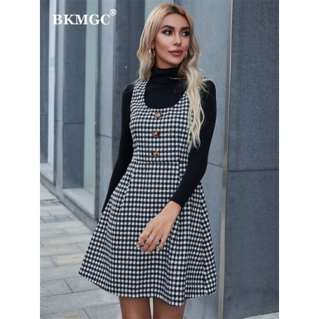 Women Dresses Fashion Elegant Long Sleeve Patchwork Half High Collar Mini Dresses