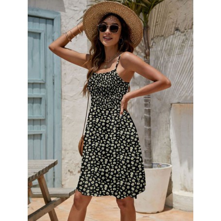 Summer Floral Dress Women Print Short Party Dress Beach Square Neck Boho Spaghetti Strap Dresses for Women