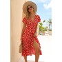 Lady Sexy Chiffon Printed Summer Dress V-neck Ruffle Beach Dresses for Holiday Split Bottom Short Sleeve Red