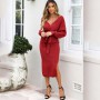 New Model Knitted Dress Autumn & Winter Slim Fit V-neck Sweater Dress with Waist Band Size S to XL Rose Red