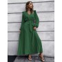 Women Autumn Long Sleeve Solid Dress Ruffle Edge Large Pleated Hem Dress S to 2XL Green Ladies Fashion