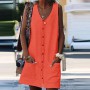 Vintage Orange Sundress Women Summer Dress 2021 Boho Style Sexy Dress Mini Button Pockets Solid Beach Dress Female