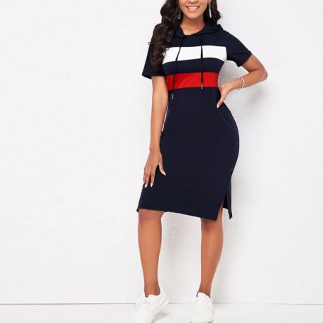 Casual Dresses for Women Comfortable Sports Hooded T-Shirt Medium Women Dress Color Matching Stripe Women's Hooded Dress T-shirt