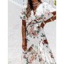 Summer Short Sleeve Belted Women Long Dress Lady Fashion Floral Print Boho Dress New Wrap V Neck Ruffle Irregular Party Dress