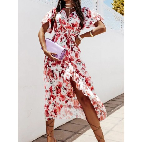 Summer Short Sleeve Belted Women Long Dress Lady Fashion Floral Print Boho Dress New Wrap V Neck Ruffle Irregular Party Dress