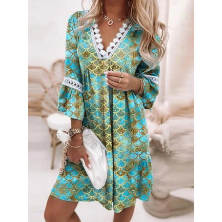 Women Fashion Trumpet Sleeve Boho Beach Dresses Lady Fashion Lace Patchwork V-Neck Party Dress Vintage Print Loose A-Line Dress