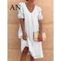 2022 Summer New Dress Cotton Linen Solid Color Fashion Medium Long Sleeve Long Casual Medium Long Loose Dress White Dress