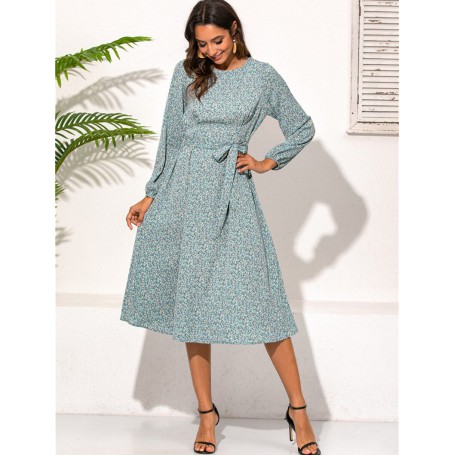 Women Casual Long Sleeve Party Florals printed Midi Dress