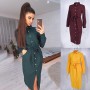 Fashion Casual Winter Yellow Long Sleeve Button Lace Up Office Elegant Dresses For Women