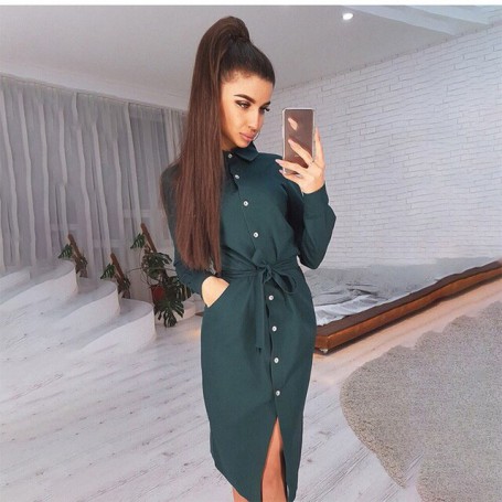 Fashion Casual Winter Yellow Long Sleeve Button Lace Up Office Elegant Dresses For Women