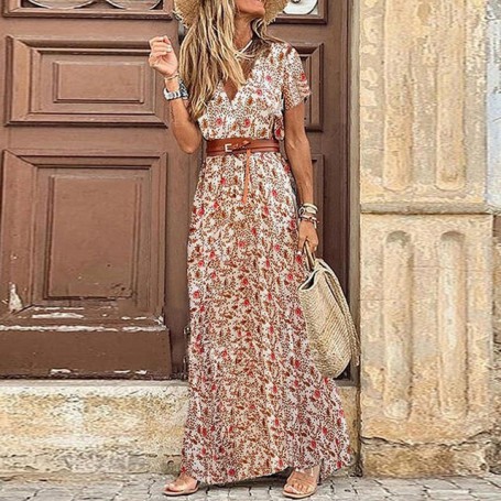 Long Dress for Women Fashion V Neck Short Sleeve Paisley Print Dresses Summer Belt Large Hem Beach Dress Elegant Maxi Dress
